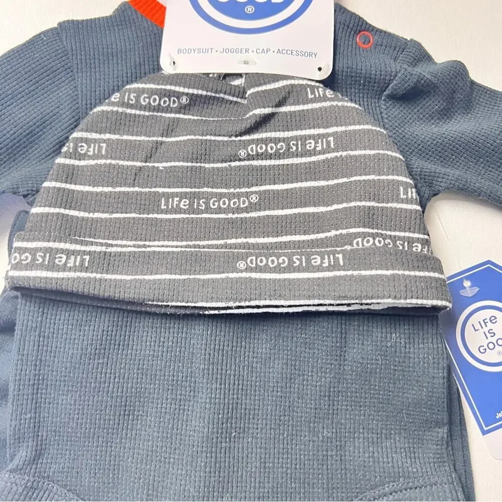 Life Is Good Baby Three Piece Bodysuit Jogger Cap Matching Set Sz 0/3 M